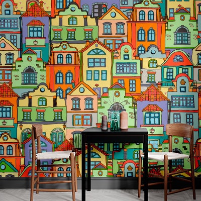 Vinilo decorativo adhesivo doodle  ciudad colorida 