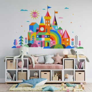 Vinilo adhesivo decorativo de pared infantil con castillo colorido