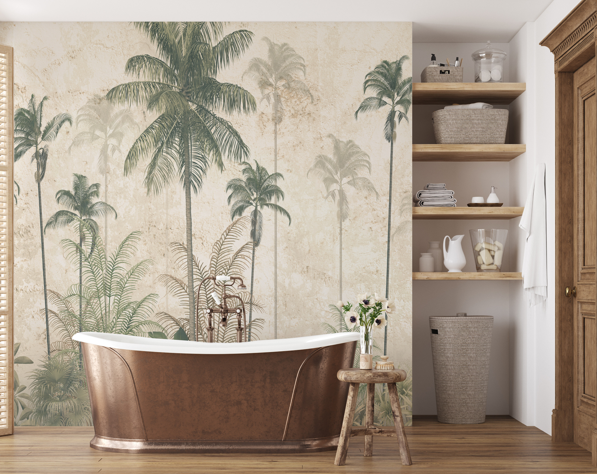 Papel de colgadura con palmeras tropicales para baños modernos. Decoración de interiores