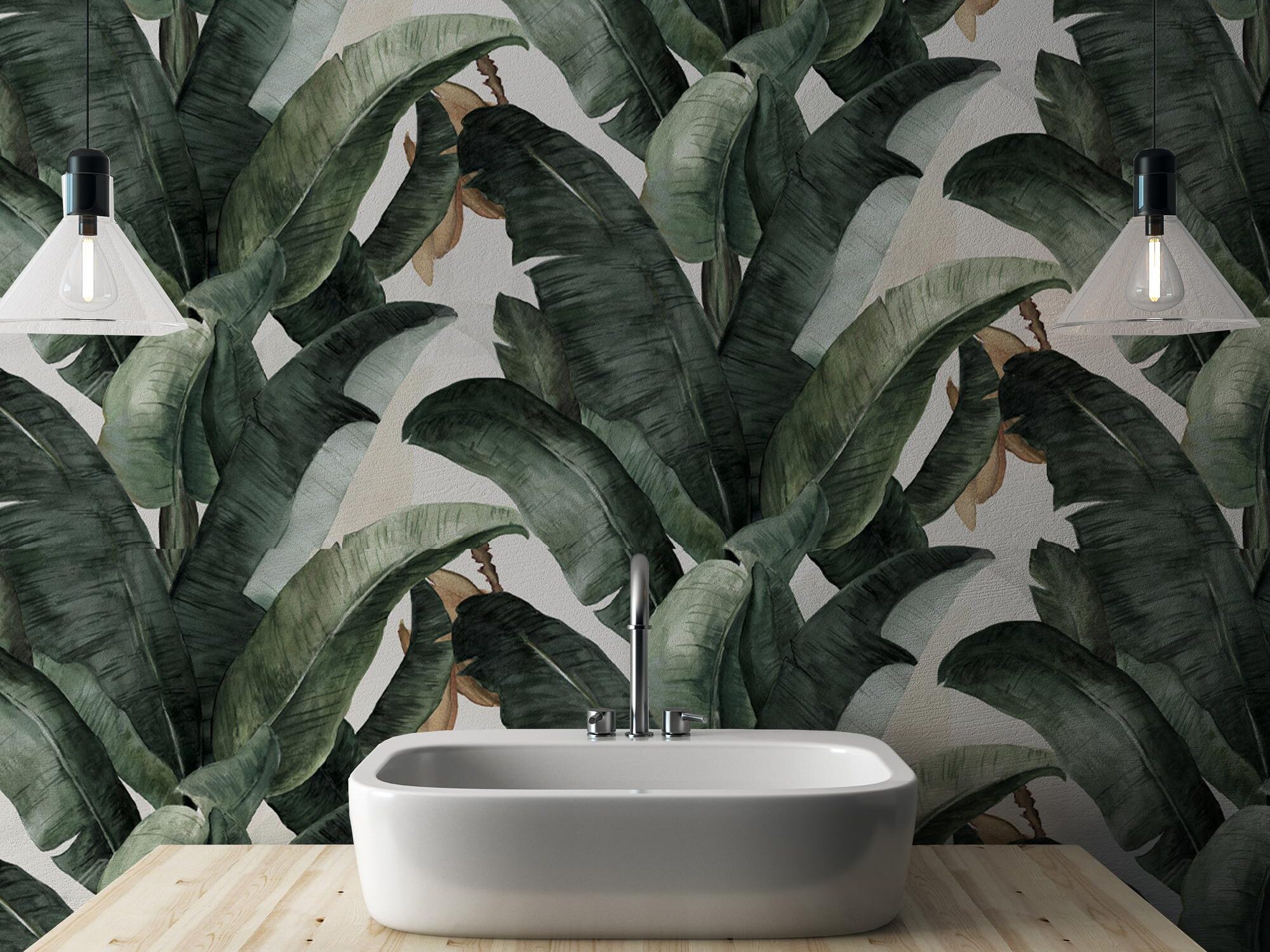 Papel de colgadura con hojas tropicales de plátano para baños. Decoración de interiores