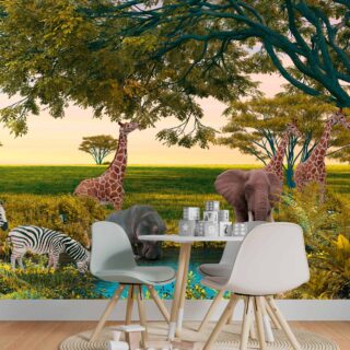 papel tapiz ilustrado en entorno selvático salvaje con jirafas elefantes cebras y vegetacion verde de la sabana creado por adazio design