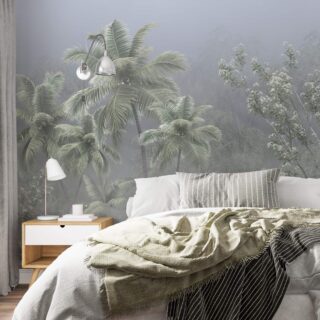 papel de colgadura para habitaciones principales con palmeras y arbustos de silueta despejada en tonos monocromaticos. creado por adaziodesign