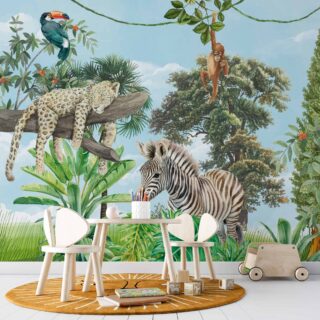 pared de cuarto infantil decorada con papel de colgadura adazio design. Diseño animales de la jungla en acuarela