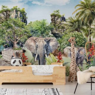 papel tapiz con detalles ilustrados donde representa parte de la fauna silvestre en la jungla donde habitan los elefante el leopardo y los gorilas con flora y fauna frondosa típico de una selva de exuberante vegetación. creado por adazio design
