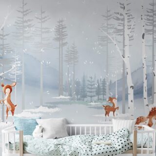 papel ilustrado para paredes con ciervos disfrutando en el bosque nevado