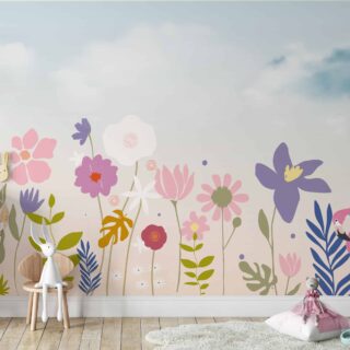 papel de colgadura con ilustración de jardín con flores minimalistas de colores en tonos suaves por adazio design