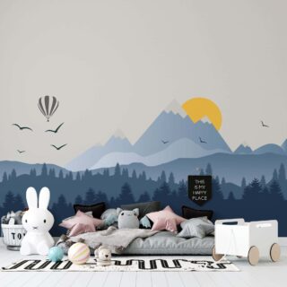 papel tapiz infantil montañas azules con sol globos y aves en el cielo por adazio design