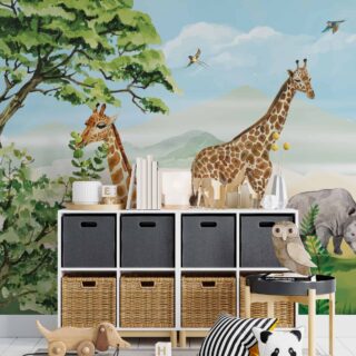 papel tapiz para decoracion espacios para niños con jirafas rinocerontes y aves en el cielo azul