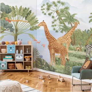 papel de colgadura infantil con jirafas para salas de juegos diseñado por adazio design