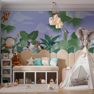 Papel tapiz panorámico Infantil con animales de la Jungla para cuartos de niños adazio design