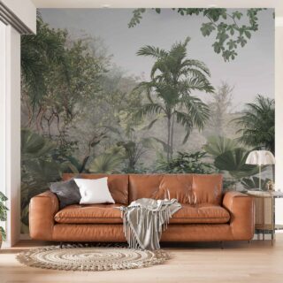 papel tapiz vaupes para intervenir paredes con ilustraciones de plantas tropicales de siluetas esbeltas y colores que evocan un bosque tranquilo creado por adaziodesign