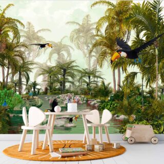 papel de colgadura con ambientacion realista de tucanes aves exóticas pavo real en entorno natural. creado por adazio design
