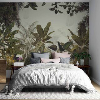composición artística en papel tapiz con platanillos heliconias palmeras pequeñas especies tropicales para pared de habitacion