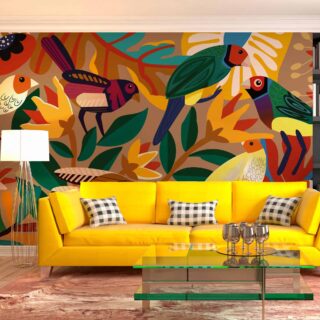 papel de colgadura pajaro coloridos en tonos fuertes vibrantes escena de aves para decorar paredes por adazio design