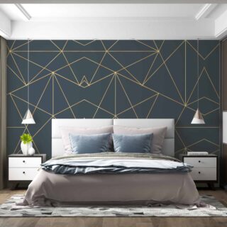 Papel de colgadura geométrico con líneas doradas fondo gris azulado para dormitorios modernos adazio design