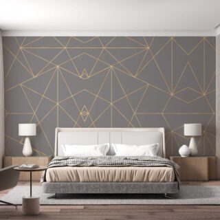 Papel de colgadura geométrico con líneas doradas fondo gris claro para dormitorios modernos adazio design