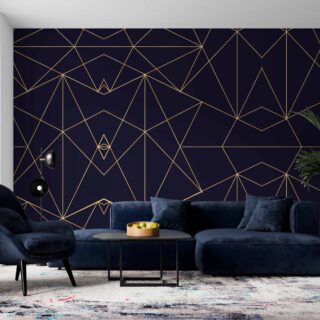 Papel pintado geométrico líneas doradas fondo azul para salas modernas adazio design