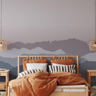 papel de colgadura para dormitorio con diseño de montañas al atardecer
