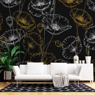 papel tapiz con fondo negro y siluetas de flores en blanco y dorado para espacios modernos por adazio design