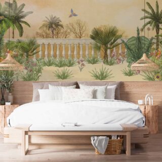 papel de colgadura para habitación principal con estilo colonial palmeras, colores cálidos terrosos y arena del desierto