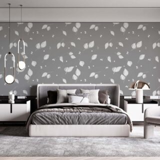 papel tapiz en color gris con patrones de hojas blancas para paredes por adazio design