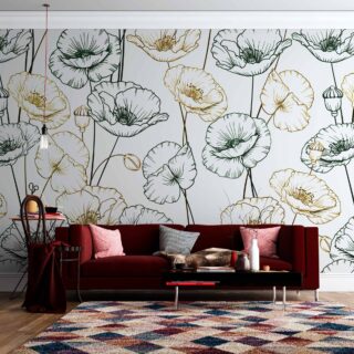 papel tapiz panoramico de color blanco que contrasta con ilustraciones de siluetas de flores de colores verde forest y dorado . por adazio design