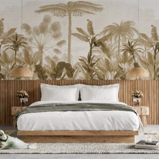 papel tapiz para paredes con ilustración de selva amazonica en tonos monocromáticos .por adazio design