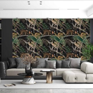 papel tapiz ilustrado con patrones de monos de color marron sobre las ramas leñosas con vegetacion verde colores oscuros dando sensacion de profundidad al espacio.