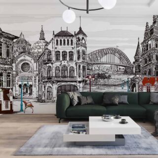 Papel tapiz para sala con ilustración en blanco y negro de edificios de arquitectura clásica por adazio design