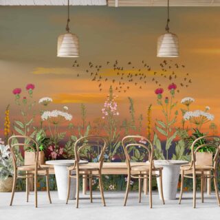 papel tapiz para cubrir paredes con ilustracion de atardecer en el jardin con detalle floral y aves volando