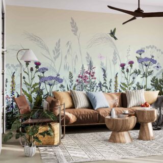 papel tapiz con escena de plantas flores y siluetas en diversos tonos de colores , escena tranquila jardín botánico por adazio design