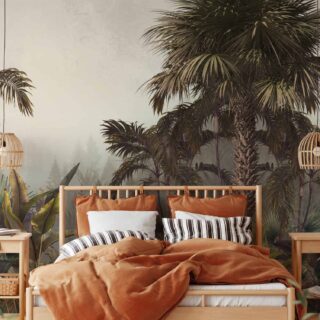 Papel mural para ambientar pared con diseño de palmas colores cálidos