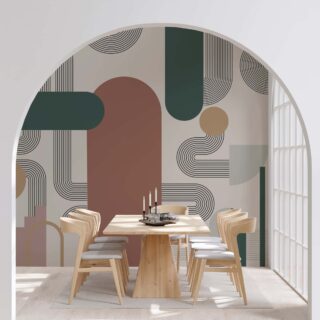 Papel de colgadura de la colección BAUHAUS con formas circulares alargadas y curbas en colores ocres tenues por Adazio Design- Colombia
