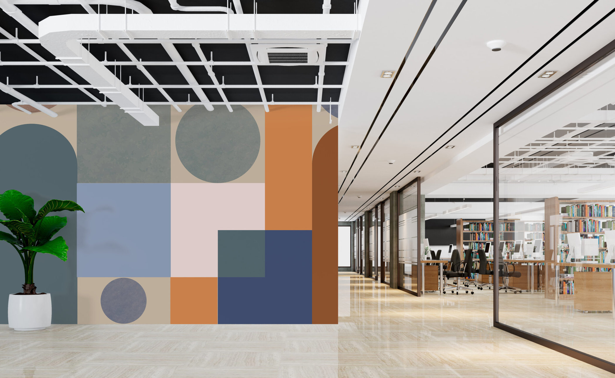 Papel tapiz estilo Bauhaus para decorar oficinas