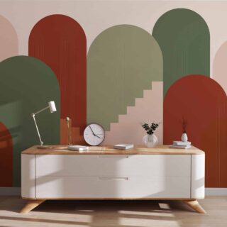 Papel de colgadura con arcos en colores rojo, verde, olivas y rosa para paredes de la casa por Adazio Design