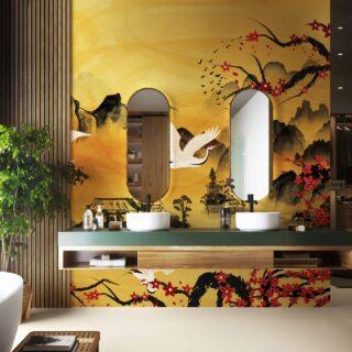 Papel tapiz para baños en colores calidos propios del vernao chino, por Adazio Design Colombia