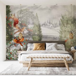 Papel tapiz para habitaciones en toonos frescos, con ilustraciones de aves y arbustos sobre la nieve.