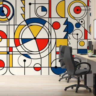 Papel de colgadura para oficinas con formas geométricas en colores vibrantes como el rojo, azul y amarillo, sobre blanco, por Adazio Design