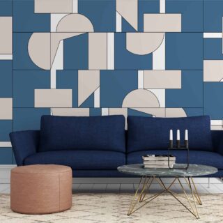 Papel de colgadura, figuras geométricas en color gris y azul, secuencias geométricas abstractas