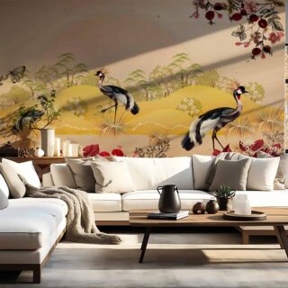 Papel tapiz ilustrado con grullas negras en un ambiente veraniego con flores rojas y mariposas del otoño, para salas modernas por Adazio Design Colombia