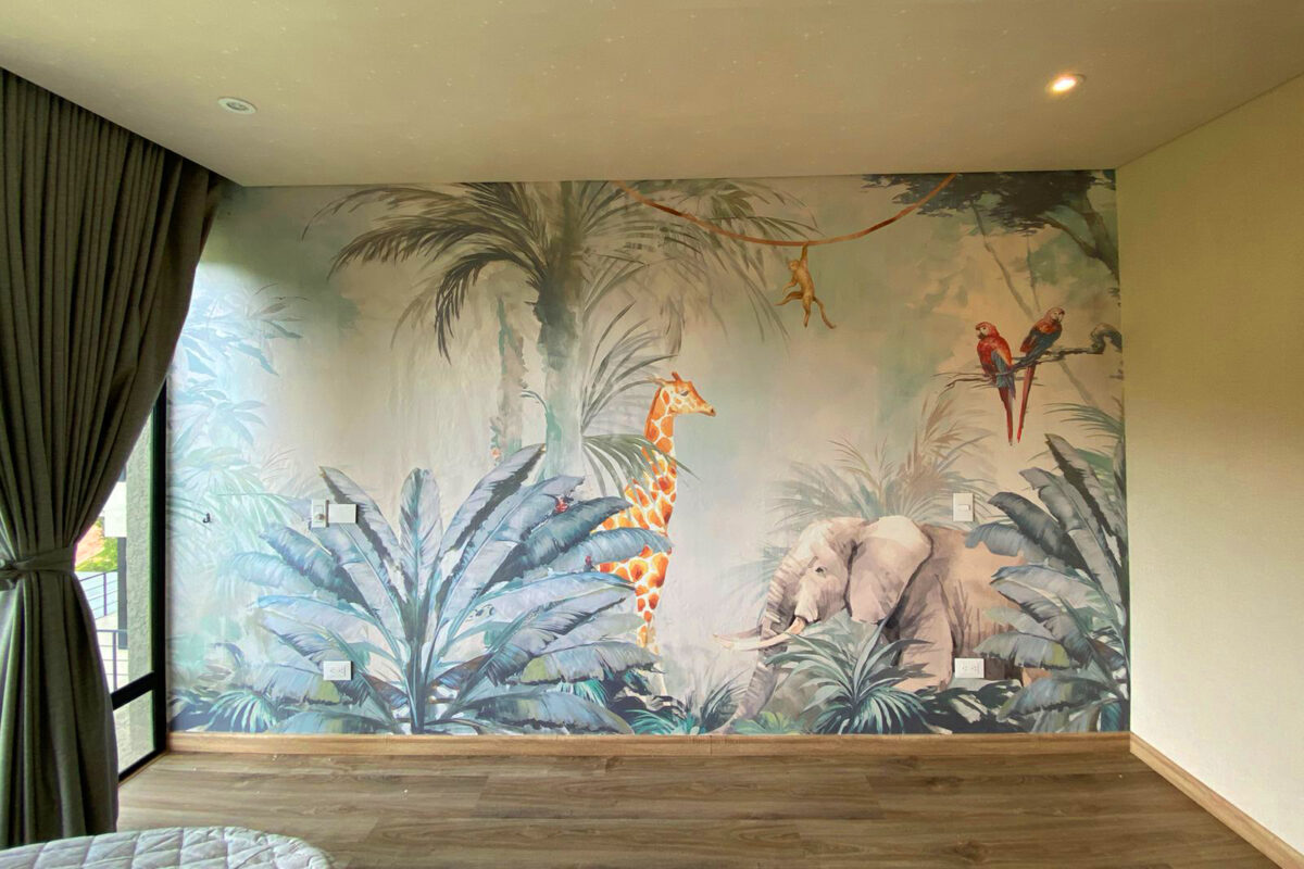 mural infantil de animales de la jungla para cuarto de niños