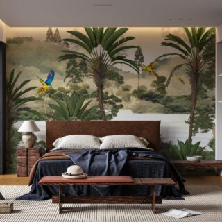 Mural tropical de loros en la selva, ideal para la decoración exótica y vibrante de una habitación