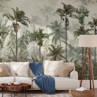 Mural tropical de palmeras en la selva para una sala de estar moderna