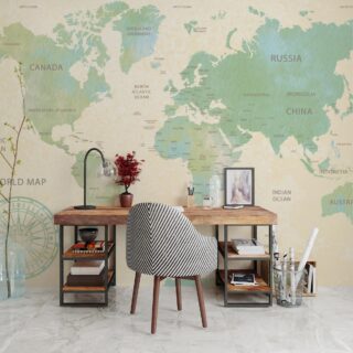 Mural panorámico de un mapamundi en tonos verdosos ideal para paredes de un estudio u oficina