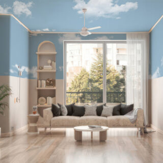 Papel tapiz con el diseño de un cielo azul claro con nubes ideal para el techo de la sala