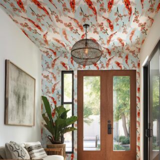 Papel tapiz con el diseño de peces, flores y agua fluyendo, ideal para techos de recibidores.
