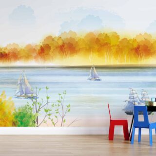 papel tapiz para paredes con lago y velero en entorno veraniego creado por adazio design
