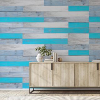 Papel tapiz con textura de madera en tonos grises y azules para pasillos